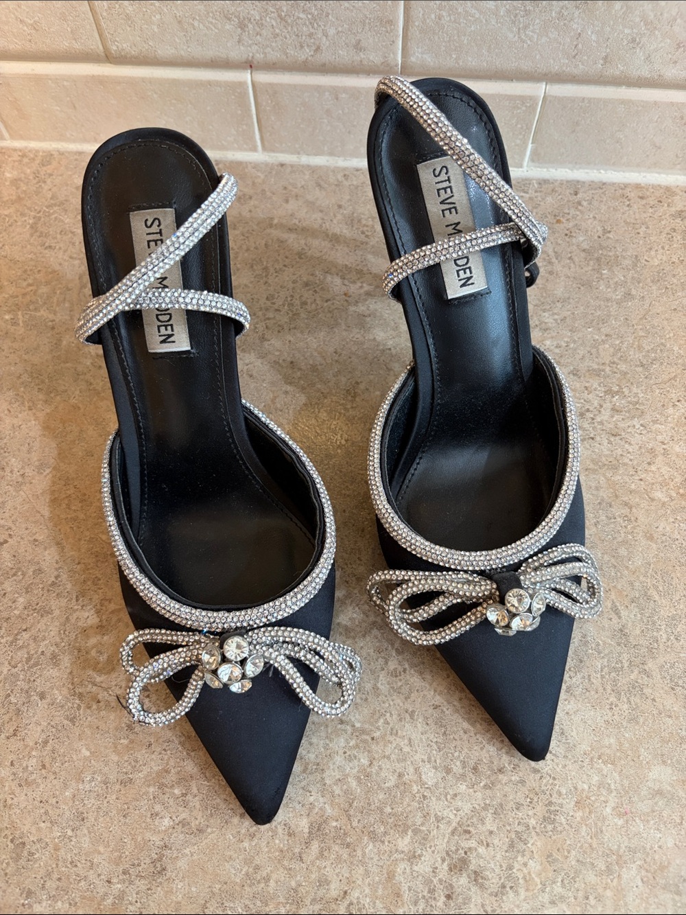 Steve Madden Black Satin Pointed Toe Heels with Rhinestone Bow